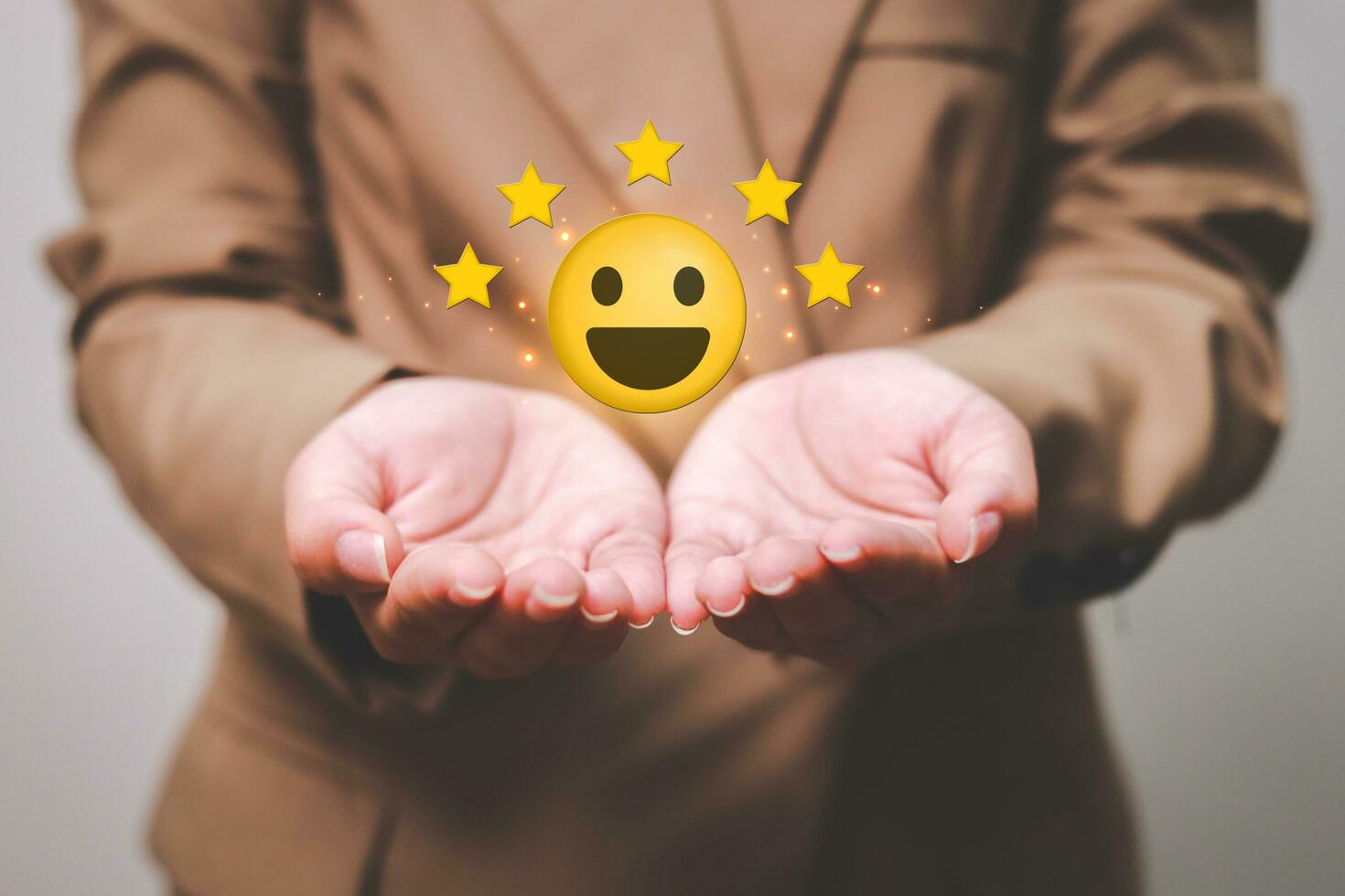 Customer pressing satisfaction with gold five star rating feedback icon and press level excellent rank for giving best score point to review the service , experience success business rate  concept. photo