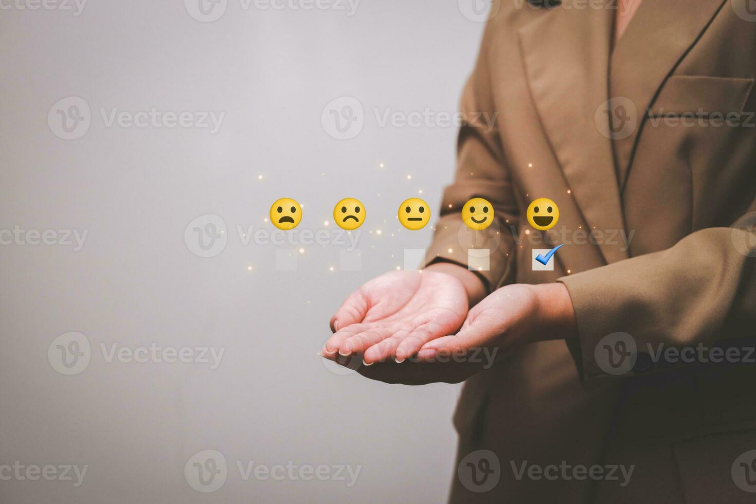 Customer pressing satisfaction with gold five star rating feedback icon and press level excellent rank for giving best score point to review the service , experience success business rate  concept. photo