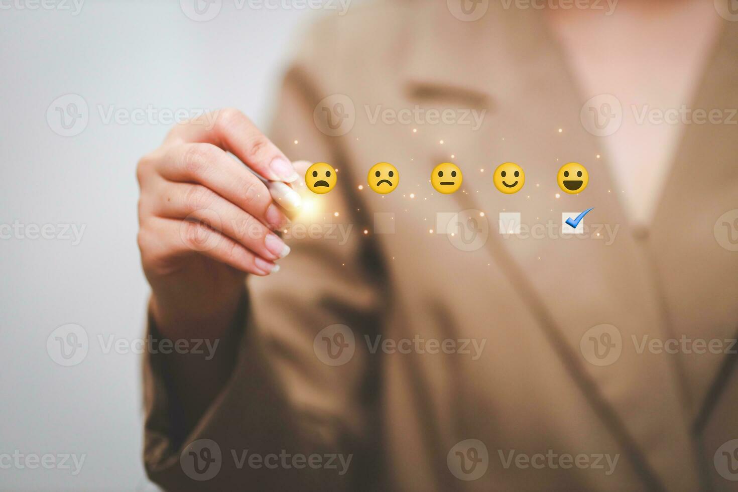 Customer pressing satisfaction with gold five star rating feedback icon and press level excellent rank for giving best score point to review the service , experience success business rate  concept. photo