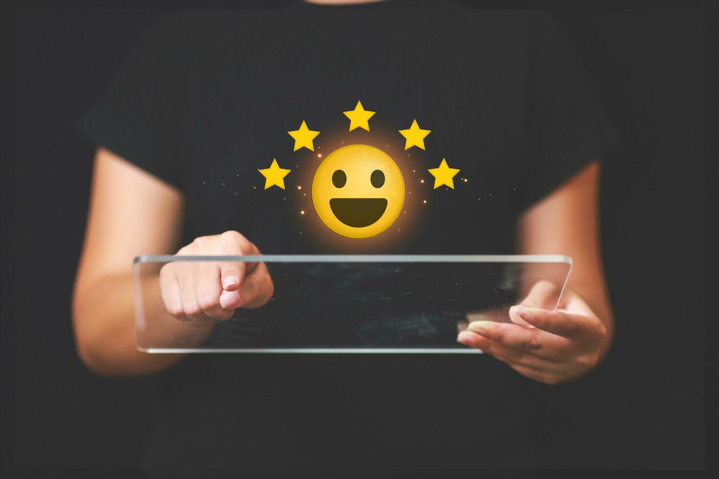 Customer pressing satisfaction with gold five star rating feedback icon and press level excellent rank for giving best score point to review the service , experience success business rate  concept. photo