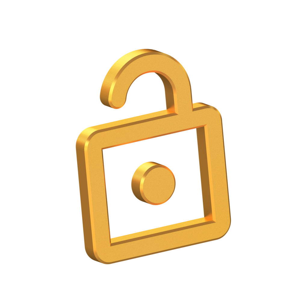 entsperrt, sperren öffnen 3d Symbol isoliert auf transparent Hintergrund, Gold Textur, 3d Rendern png