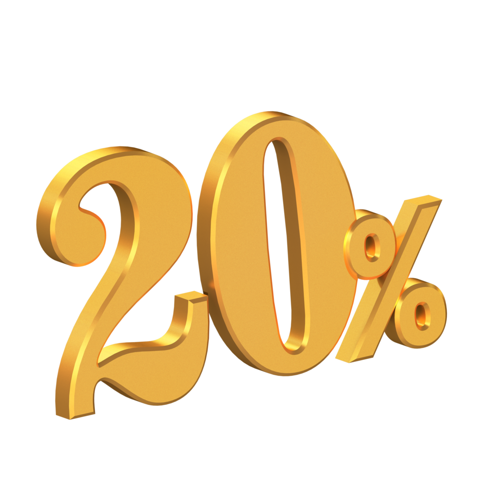 Twenty Percent Off 3D Gold Letters, Big Discount, Special Offer, 3D Rendering png