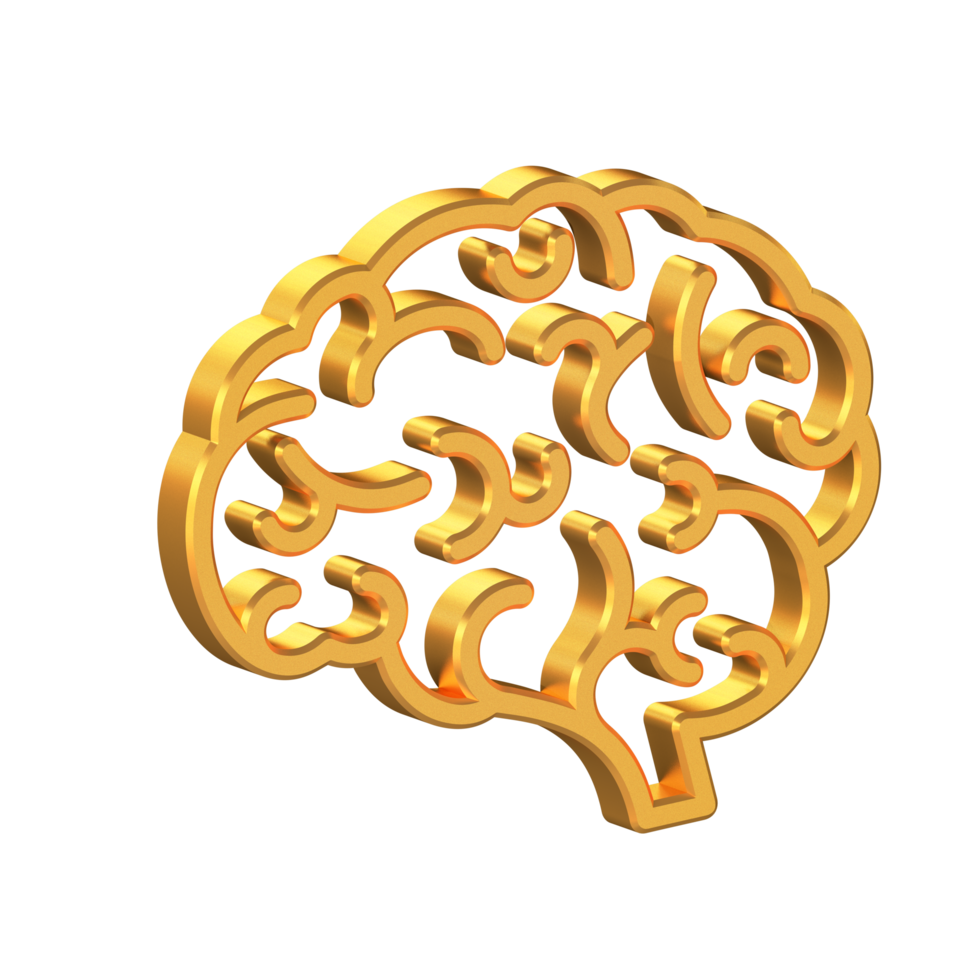 Gehirn 3d Symbol isoliert auf transparent Hintergrund, Gold Textur, 3d Rendern png