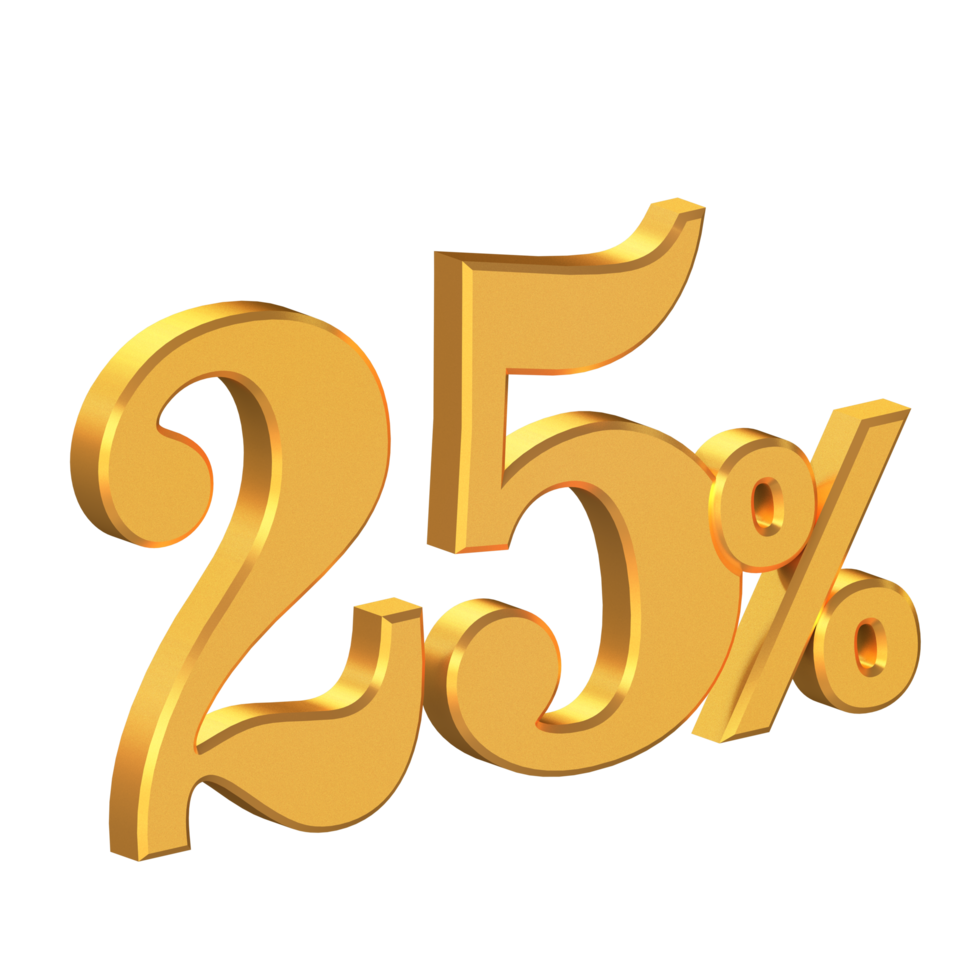 Twenty Five Percent Off 3D Gold Letters, Big Discount, Special Offer, 3D Rendering png