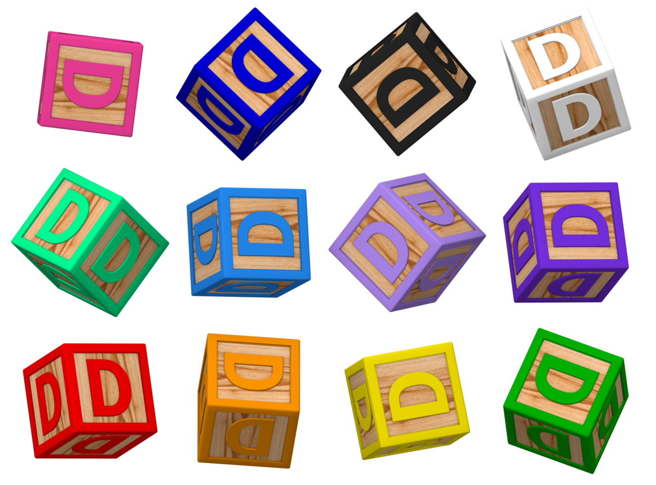 D Letter 3D Colorful Toy Blocks in Different Rotating Position, Isolated Wood Cube Letters, 3D Rendering png