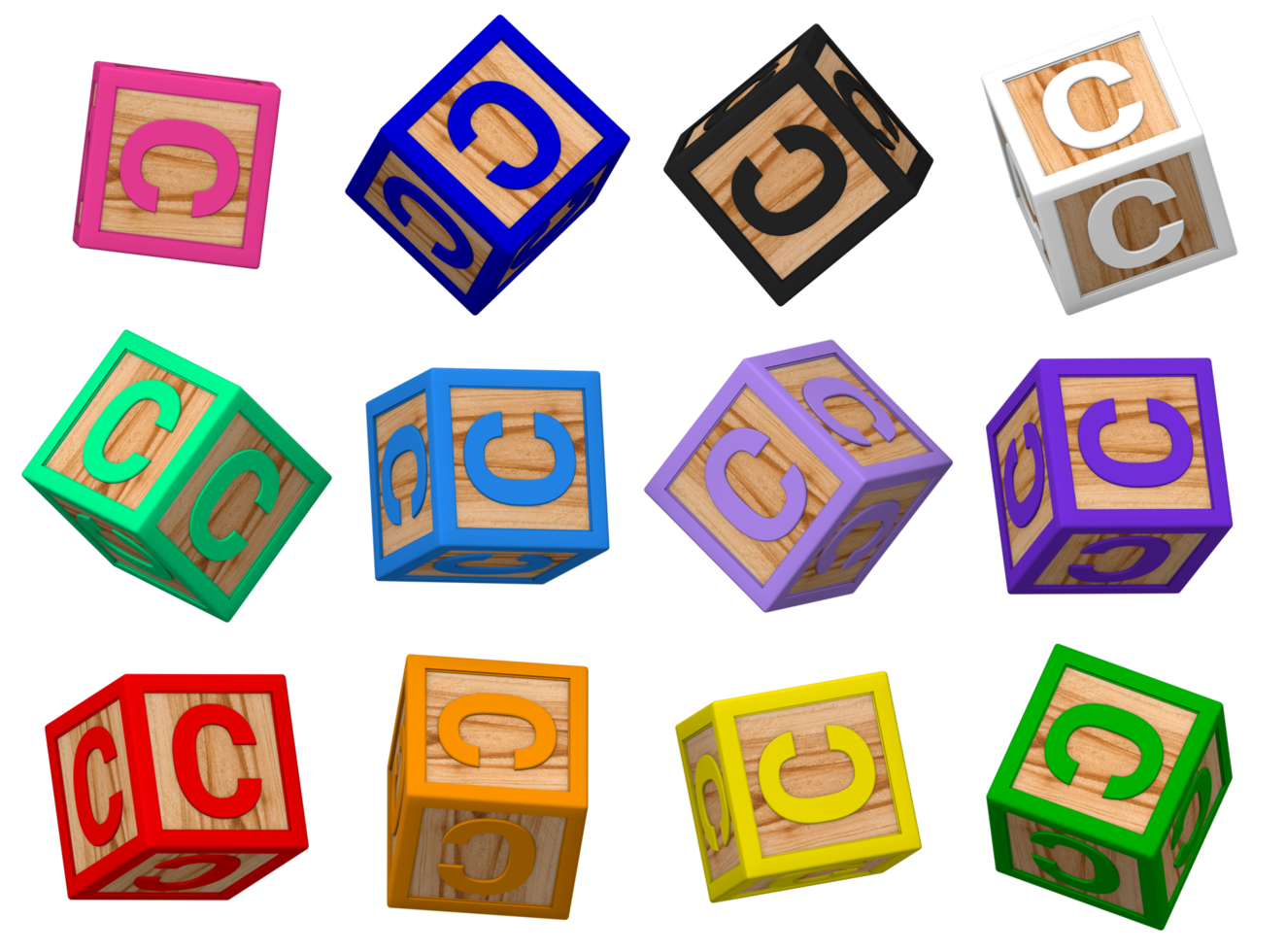 C Letter 3D Colorful Toy Blocks in Different Rotating Position, Isolated Wood Cube Letters, 3D Rendering png