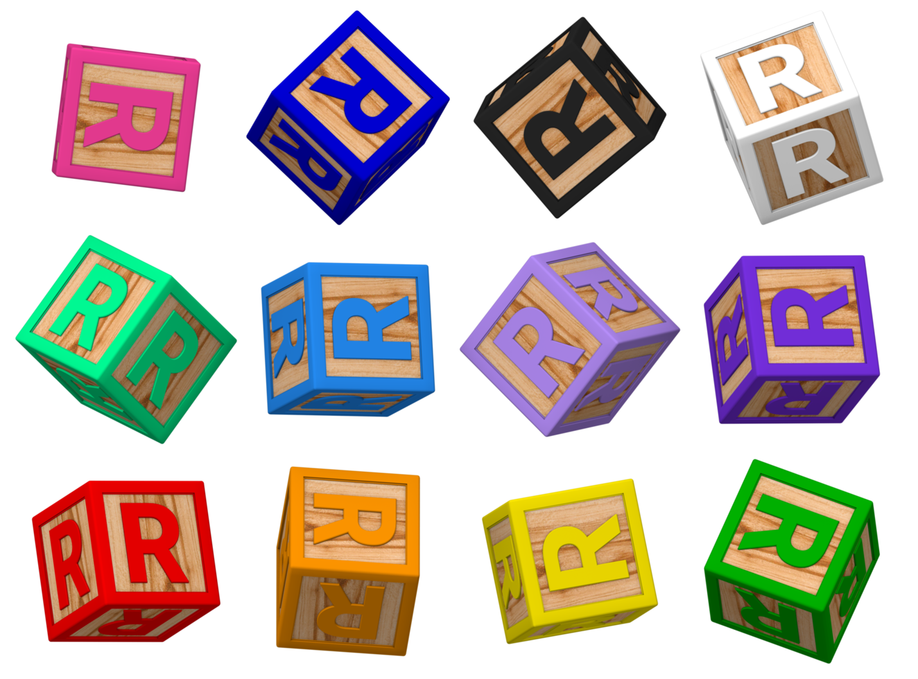 R Letter 3D Colorful Toy Blocks in Different Rotating Position, Isolated Wood Cube Letters, 3D Rendering png