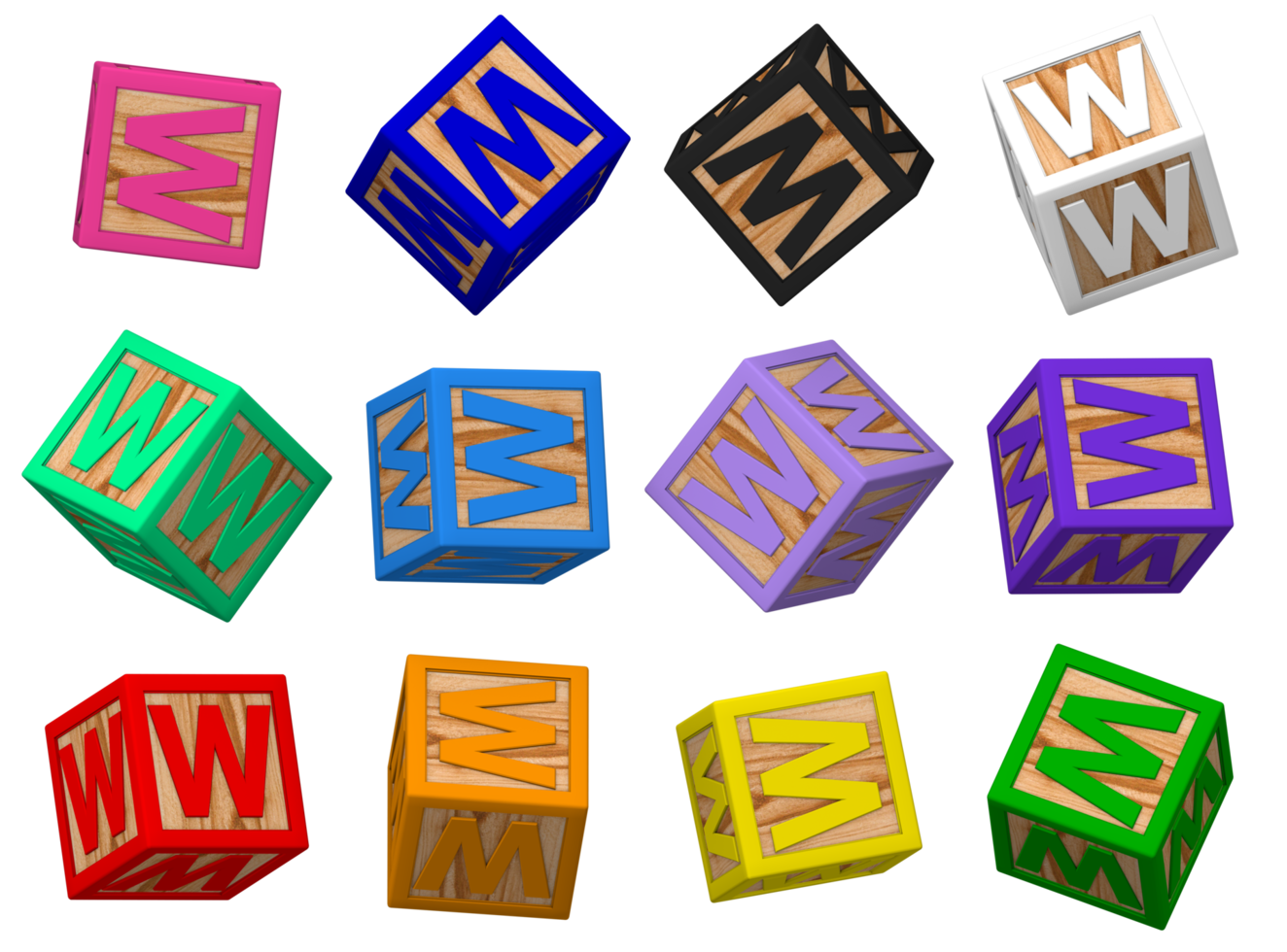 W Letter 3D Colorful Toy Blocks in Different Rotating Position, Isolated Wood Cube Letters, 3D Rendering png