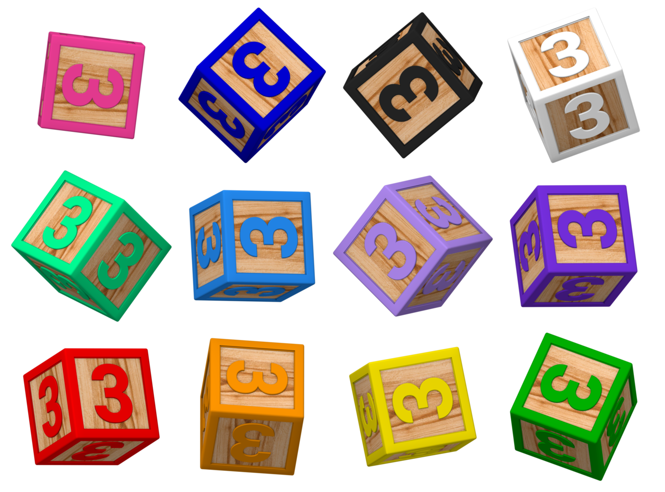 Trois 3 nombre 3d coloré jouet blocs dans différent tournant position, isolé bois cube des lettres, 3d le rendu png