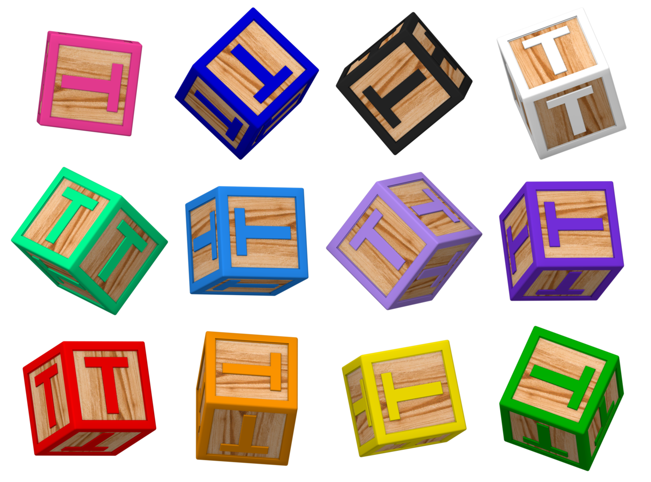 T Letter 3D Colorful Toy Blocks in Different Rotating Position, Isolated Wood Cube Letters, 3D Rendering png