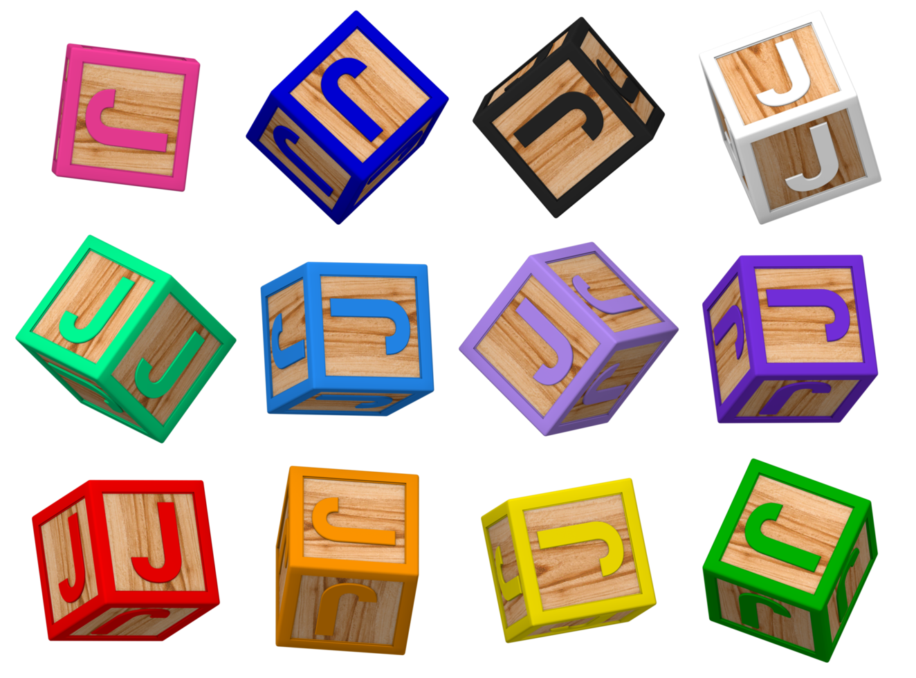 j lettre 3d coloré jouet blocs dans différent tournant position, isolé bois cube des lettres, 3d le rendu png