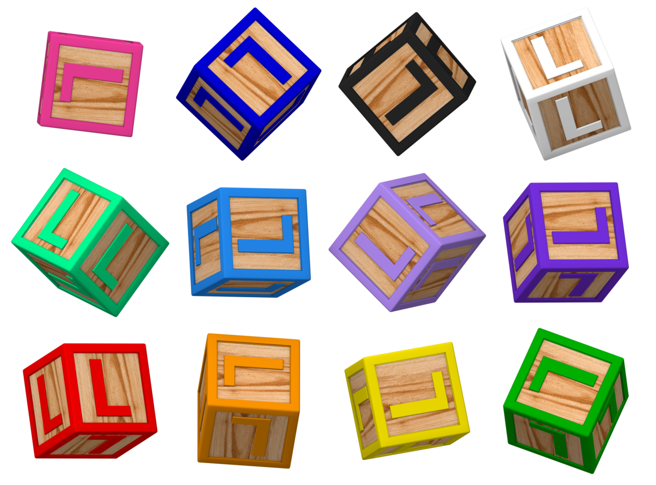 l lettre 3d coloré jouet blocs dans différent tournant position, isolé bois cube des lettres, 3d le rendu png