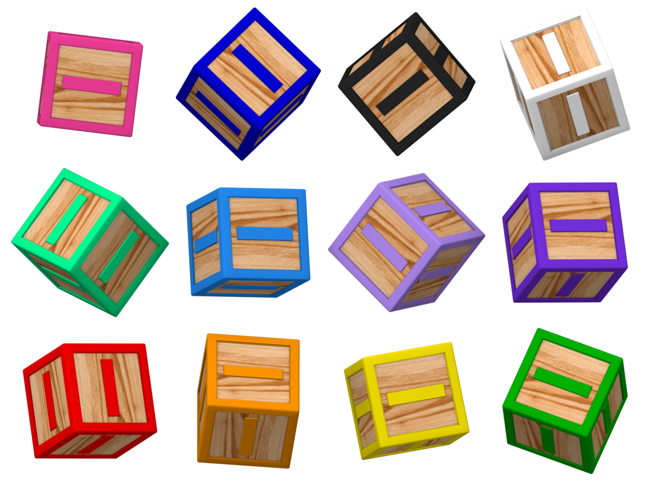 je lettre 3d coloré jouet blocs dans différent tournant position, isolé bois cube des lettres, 3d le rendu png