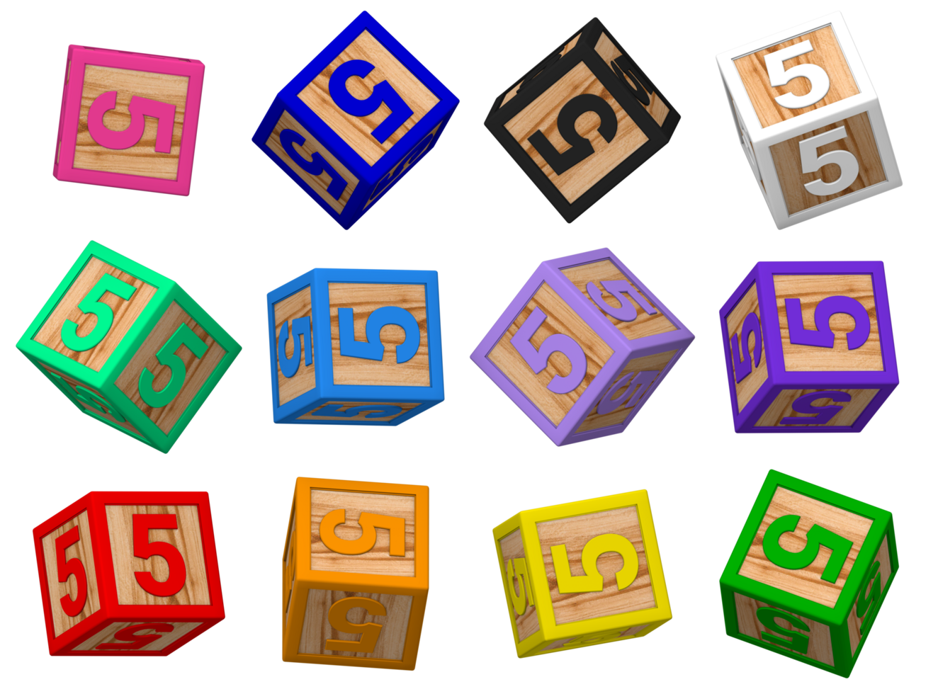fünf 5 Nummer 3d bunt Spielzeug Blöcke im anders rotierend Position, isoliert Holz Würfel Briefe, 3d Rendern png