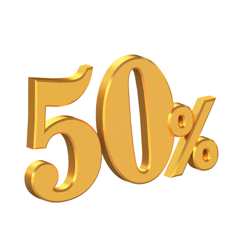 Fifty Percent Off 3D Gold Letters, Big Discount, Special Offer, 3D Rendering png