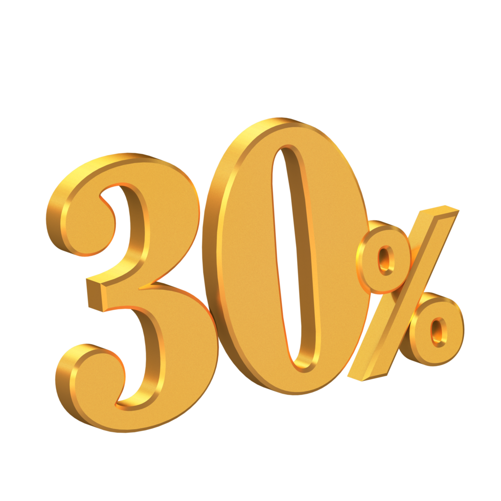 Thirty Percent Off 3D Gold Letters, Big Discount, Special Offer, 3D Rendering png