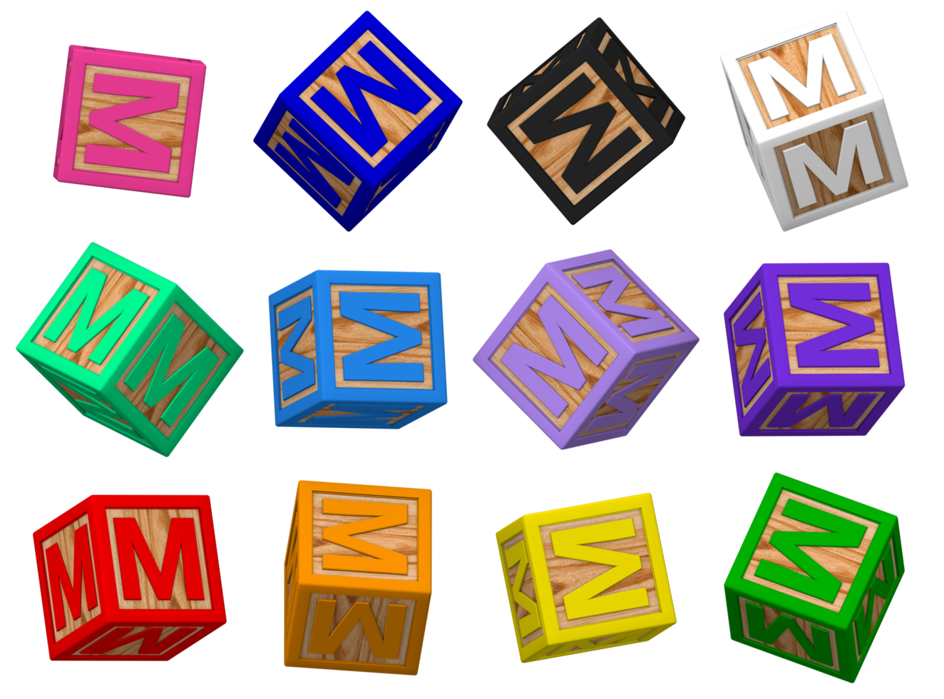 m lettre 3d coloré jouet blocs dans différent tournant position, isolé bois cube des lettres, 3d le rendu png