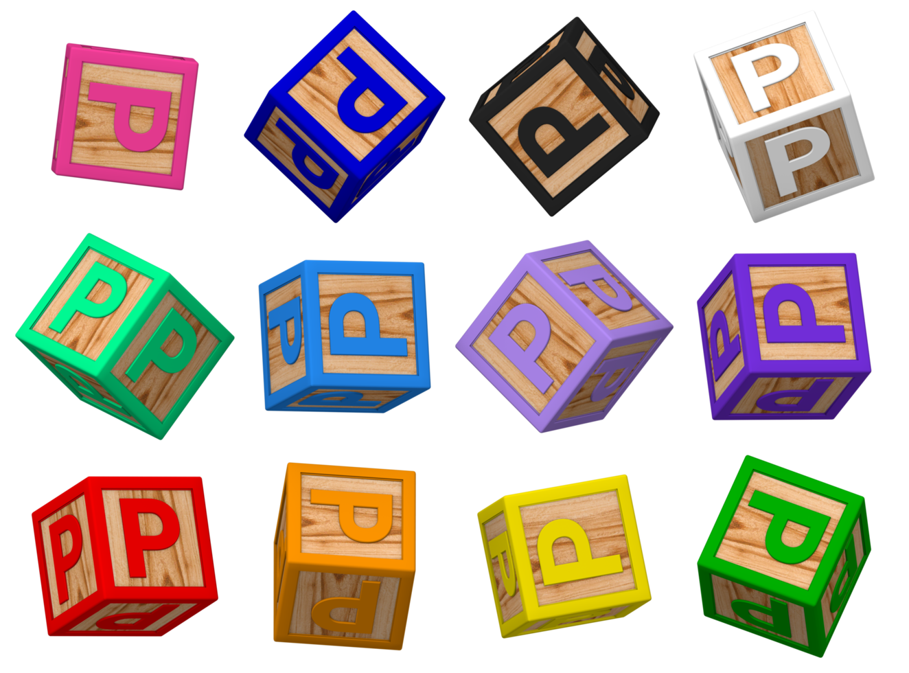 p brief 3d kleurrijk speelgoed- blokken in verschillend roterend positie, geïsoleerd hout kubus brieven, 3d renderen png
