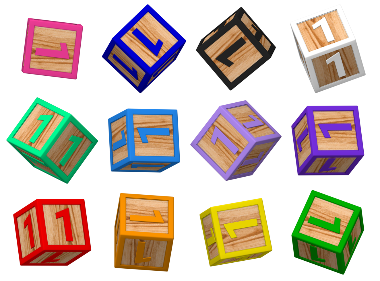 One 1 Number 3D Colorful Toy Blocks in Different Rotating Position, Isolated Wood Cube Letters, 3D Rendering png