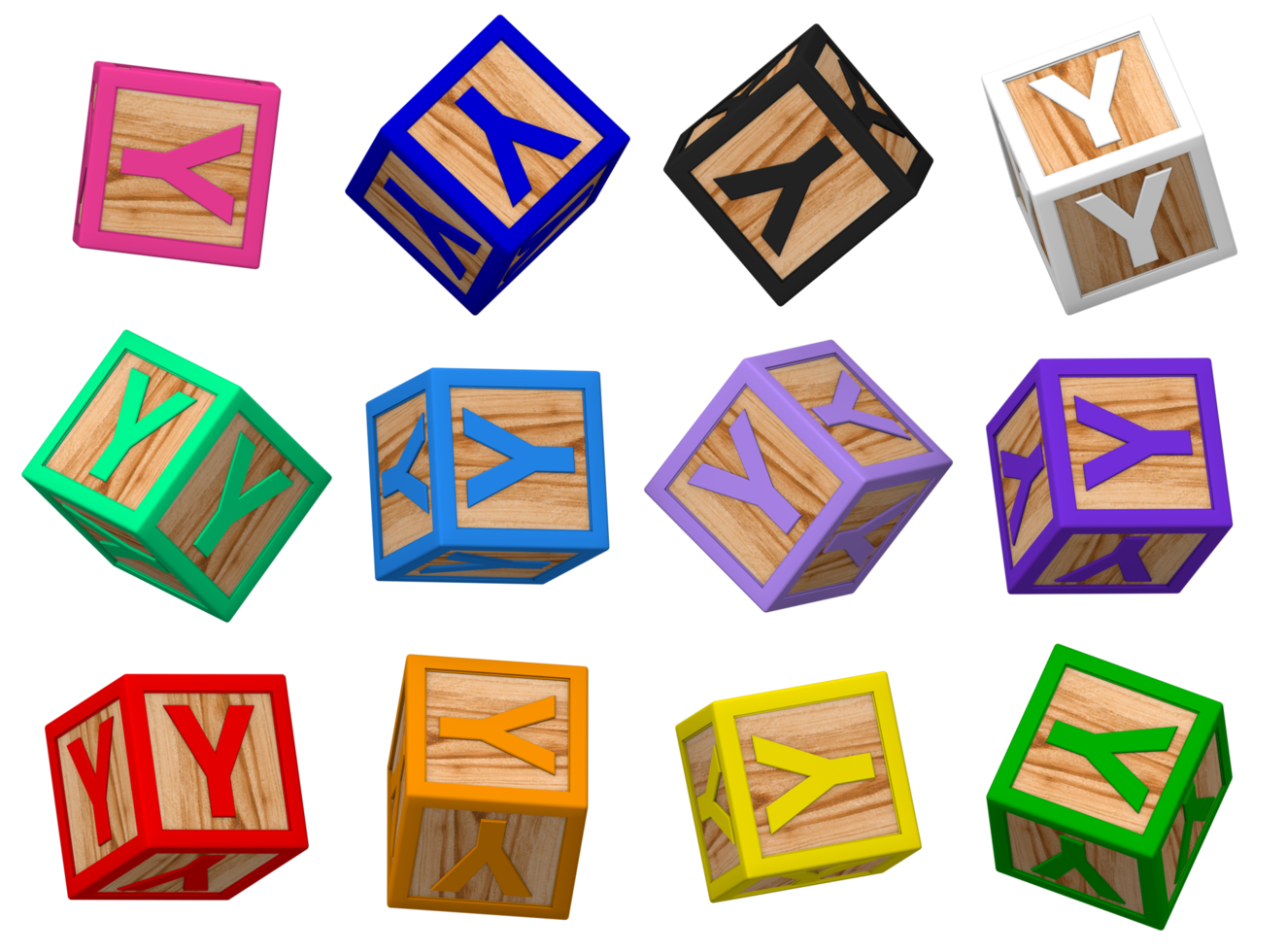 Y Letter 3D Colorful Toy Blocks in Different Rotating Position, Isolated Wood Cube Letters, 3D Rendering png