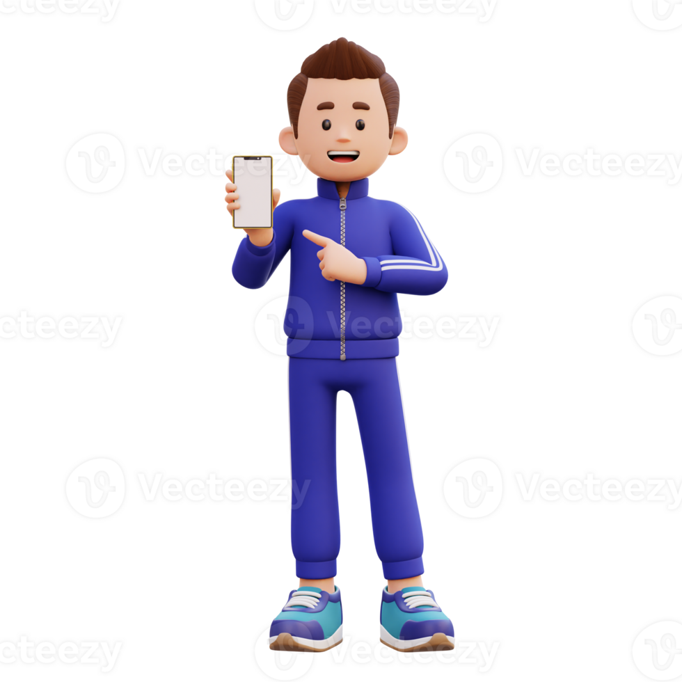 3d male character holding and pointing to a smart phone with empty screen png