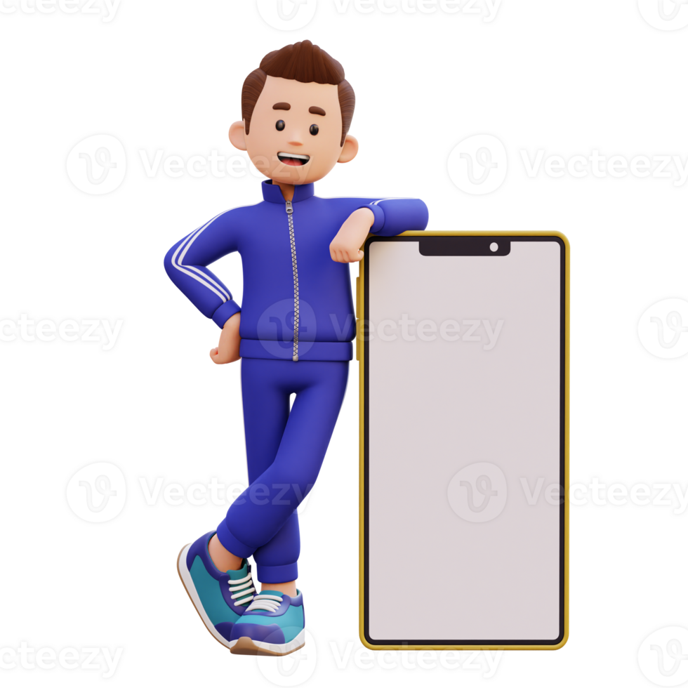 3d masculino personaje tendido en un grande inteligente teléfono con vacío pantalla png