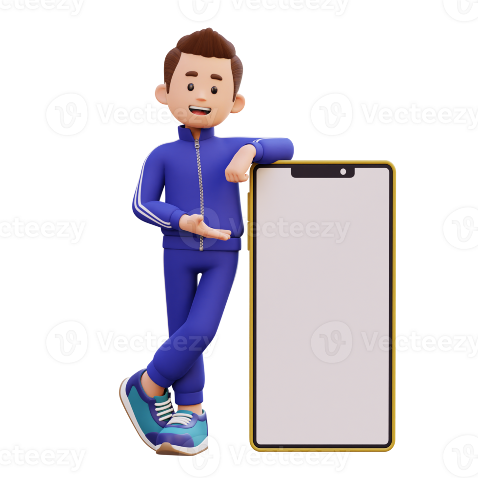 3d Masculin personnage pose et en présentant sur une gros intelligent téléphone avec vide écran png