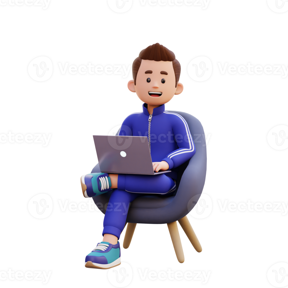 3d male character sitting on a sofa and working on a laptop png