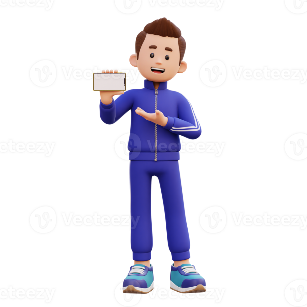 3d male character holding and presenting to a smart phone with empty screen in landscape png