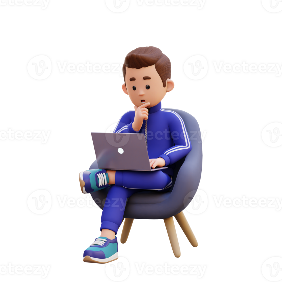 3d male character sitting on a sofa and working on a laptop with thinking pose png