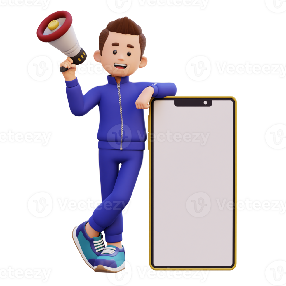 3d male character holding megaphone and laying on a big smart phone with empty screen png