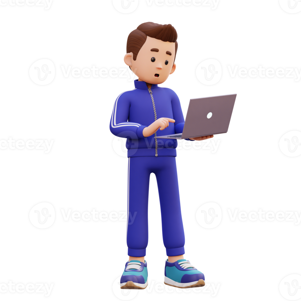 3d male character standing confused working on a laptop png