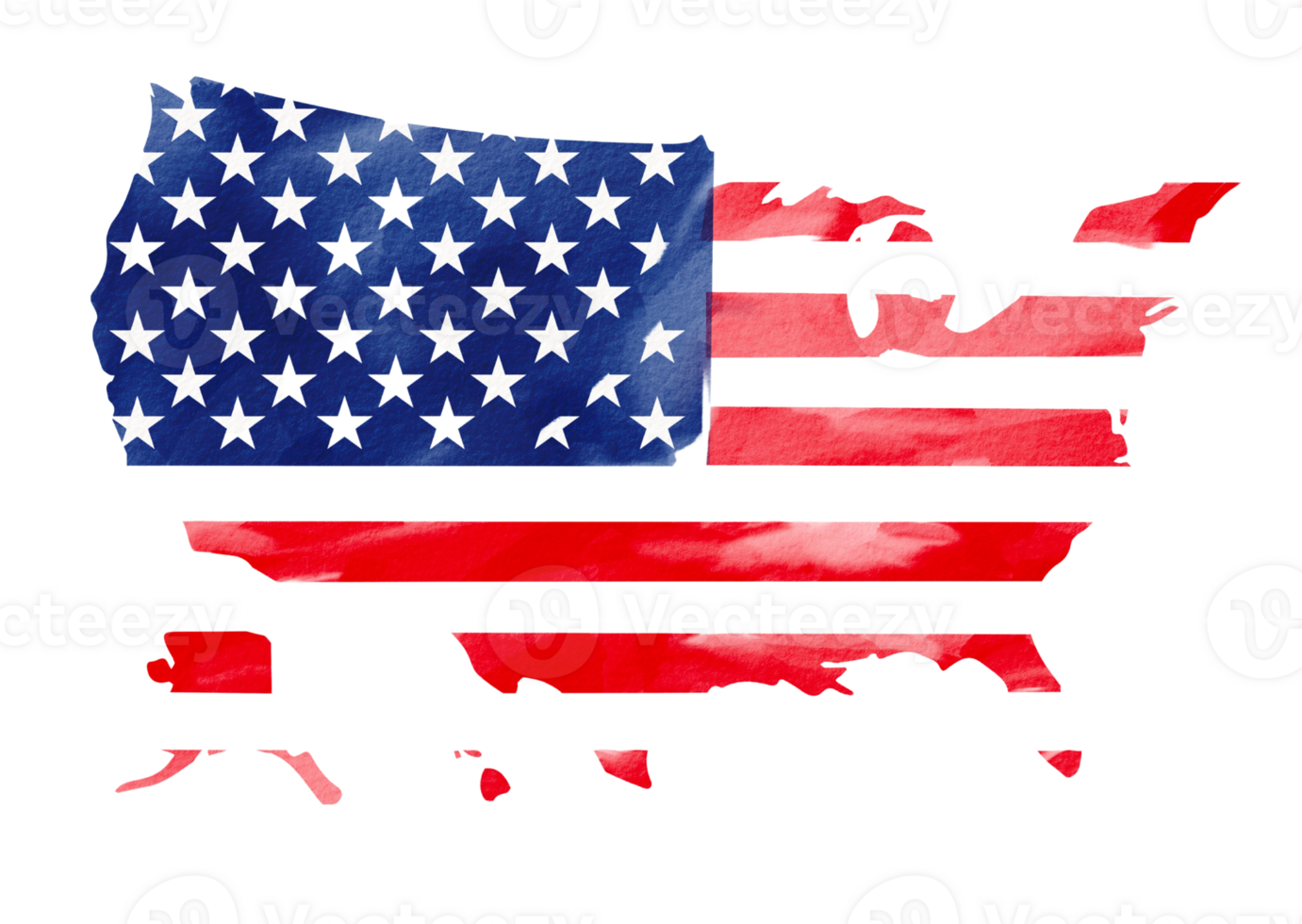 USA flag in map shape with watercolor  brush paint textured png