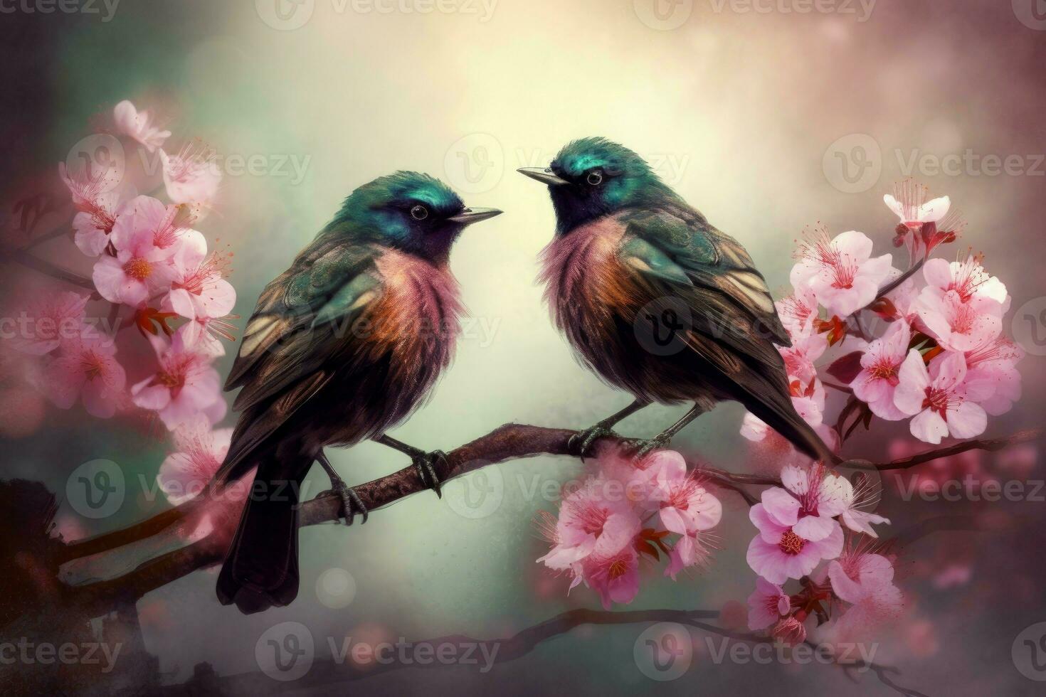 Birds tree branch flowers. Generate Ai photo