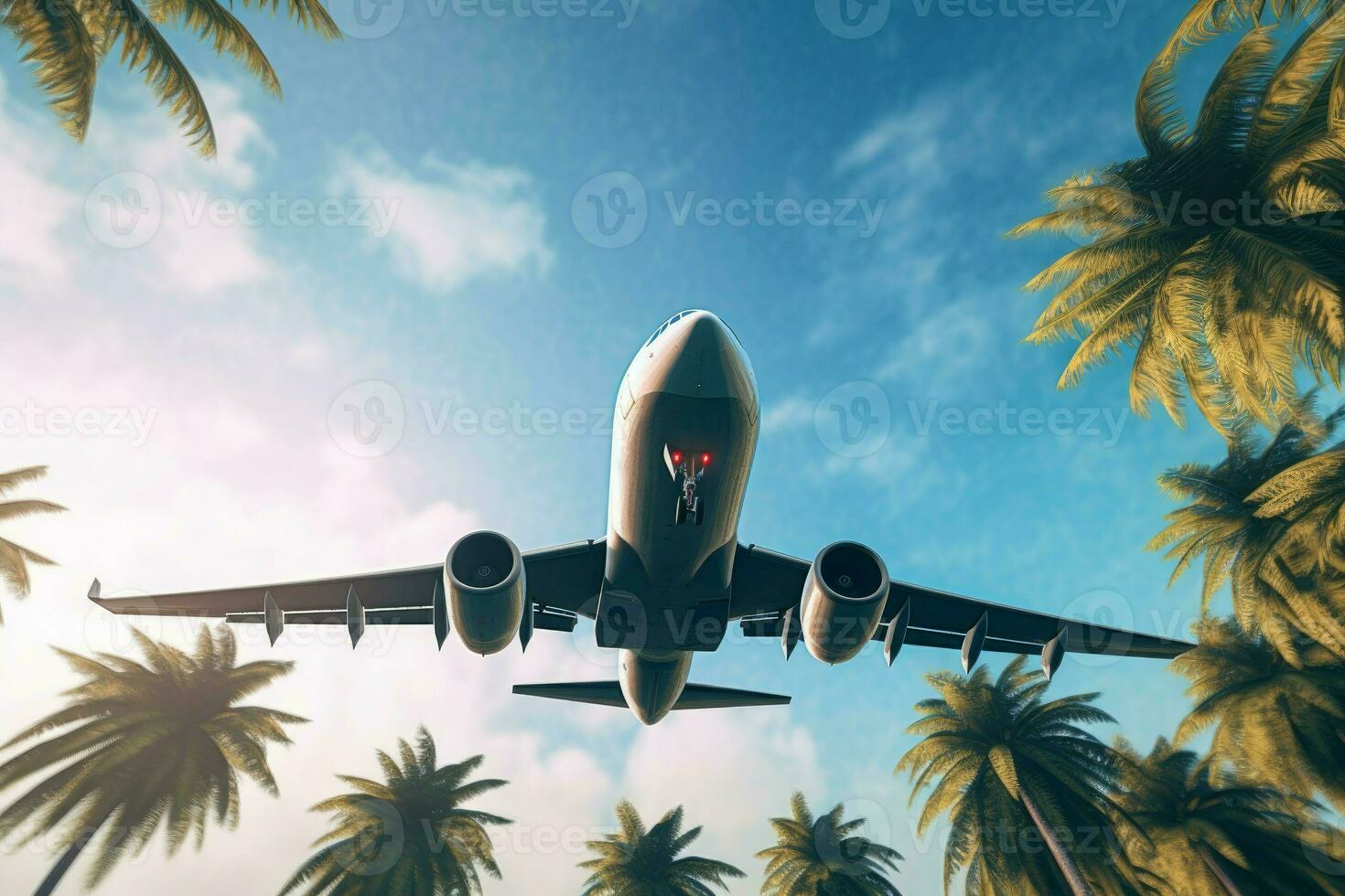 Airplane over tropical palm tree. Generate Ai photo