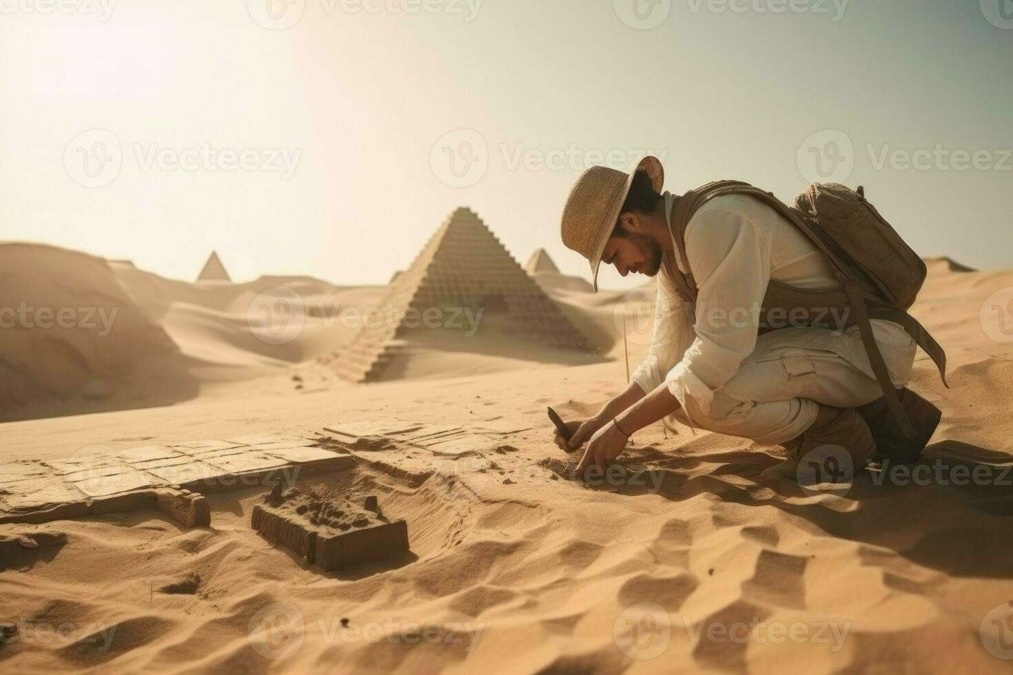 Archaeologist discovering on sand. Generate Ai photo