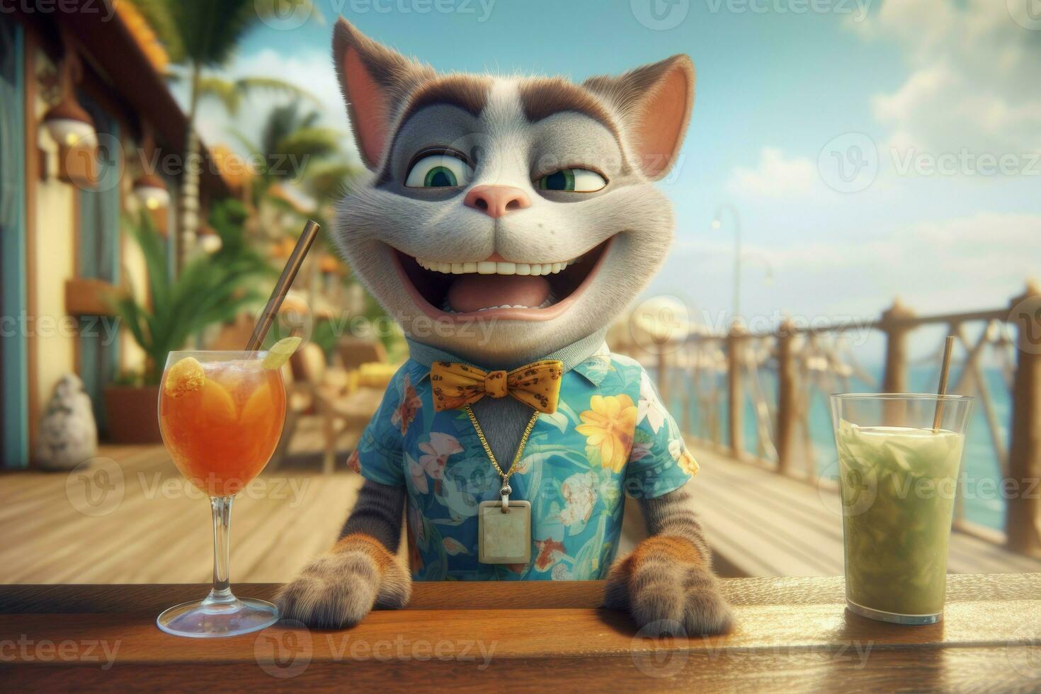 Cat drinking cocktail resort. Generate Ai photo