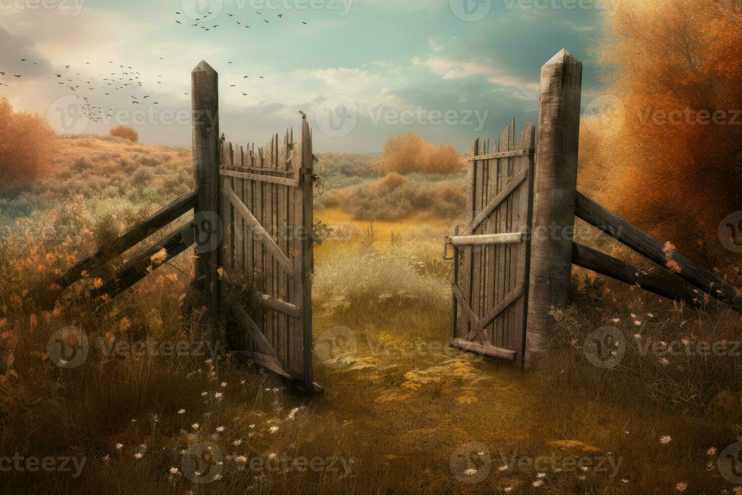 Autumn gate old fence. Generate Ai photo