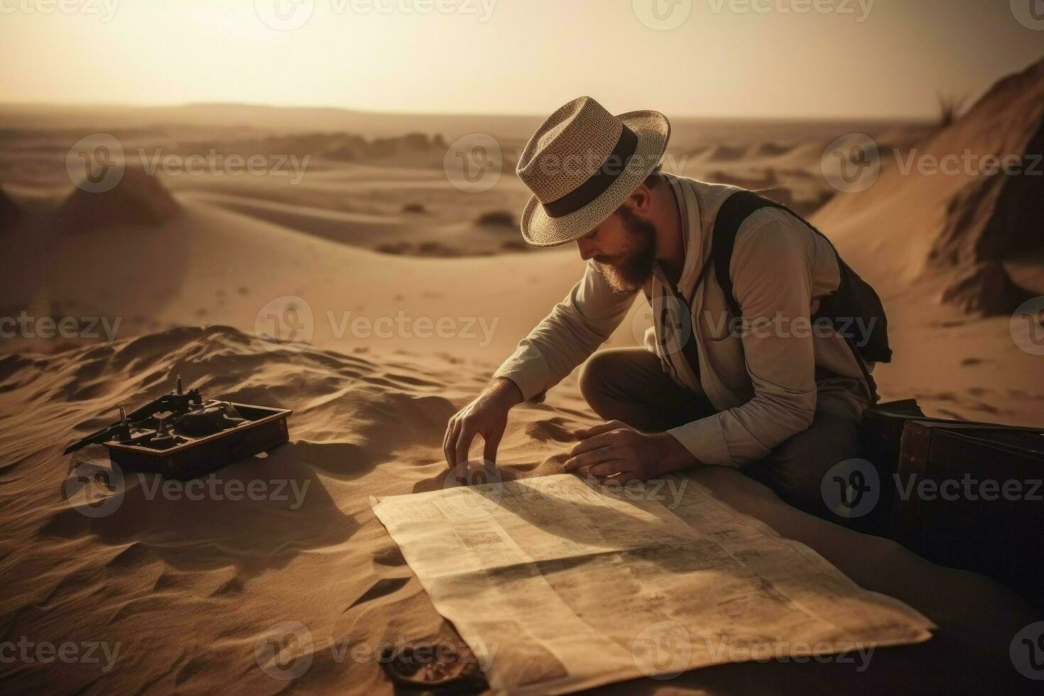 Archaeologist discovering on map. Generate Ai photo