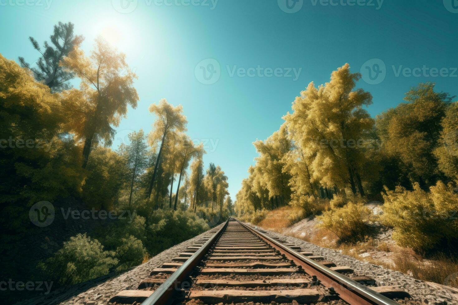 Forest trees railroad. Generate Ai photo