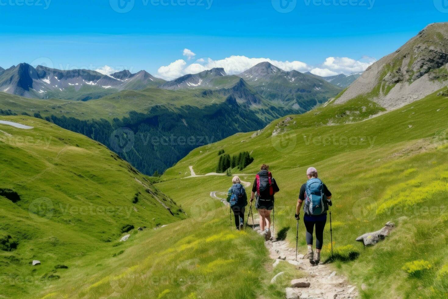 Back view hikers mountains nature. Generate Ai photo