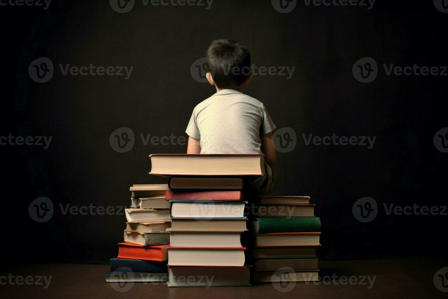 Back view kid pile books. Generate Ai photo