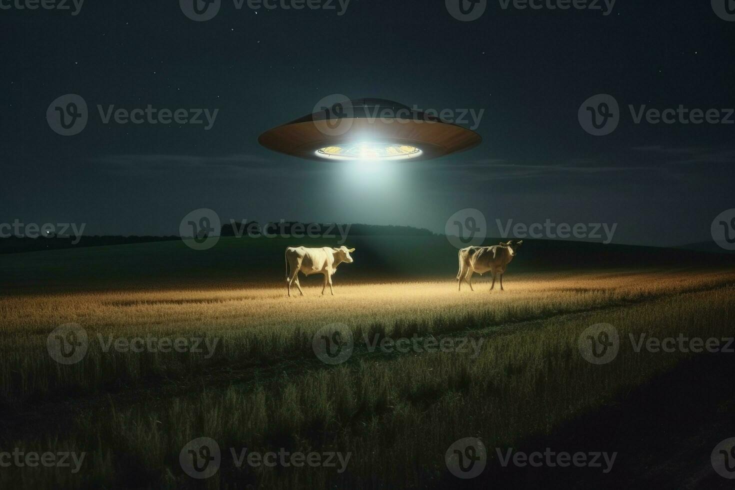 Ufo abducting cow. Generate Ai photo