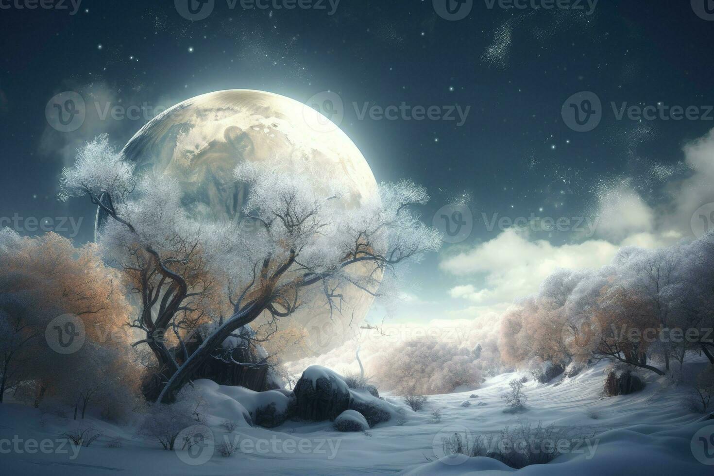 Creative winter landscape tree moon. Generate Ai photo