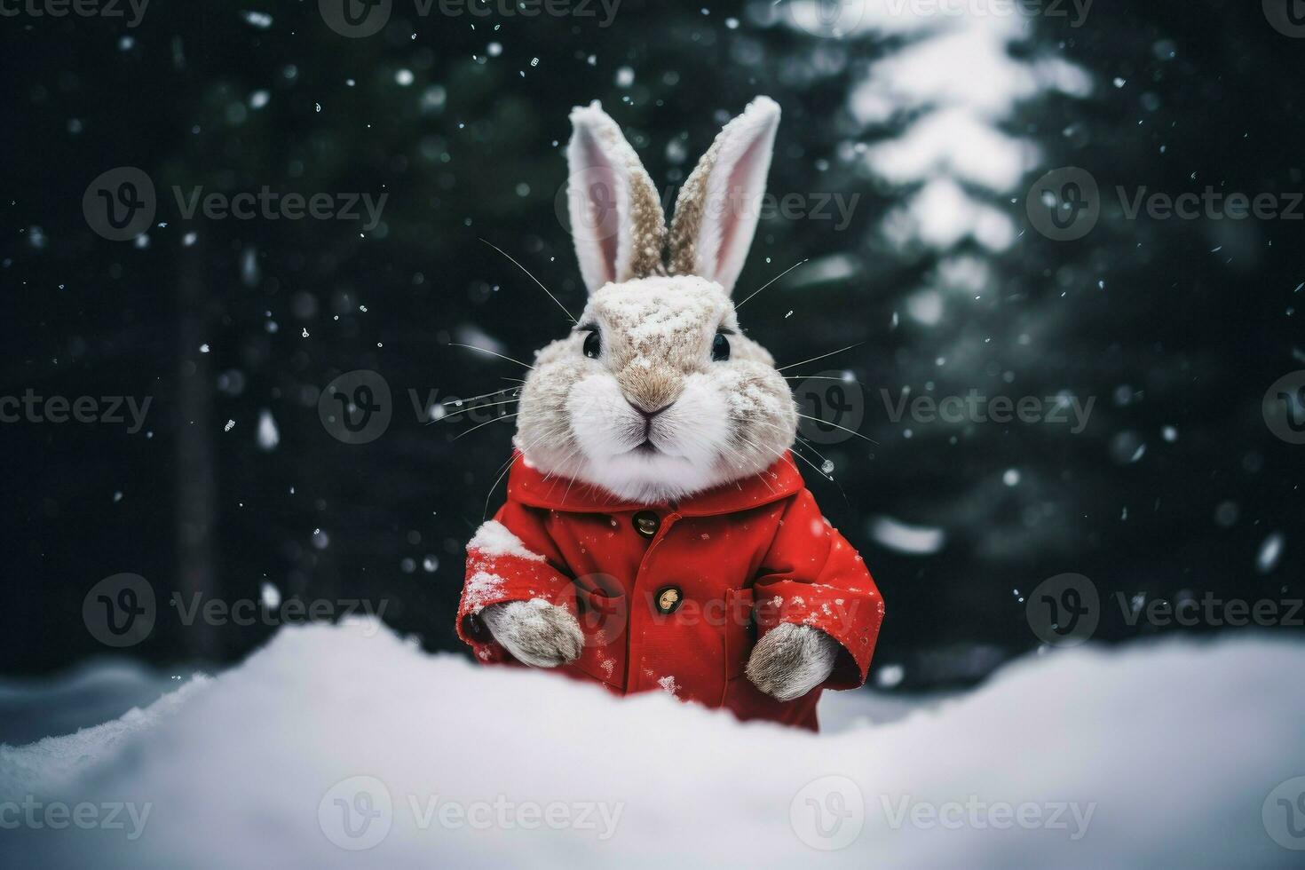 Cute rabbit dressed santa claus in forest. Generate Ai photo