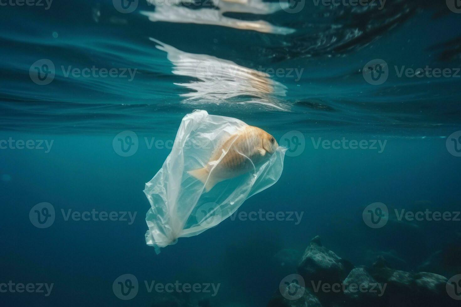 Sea fish plastic bag garbage. Generate Ai photo