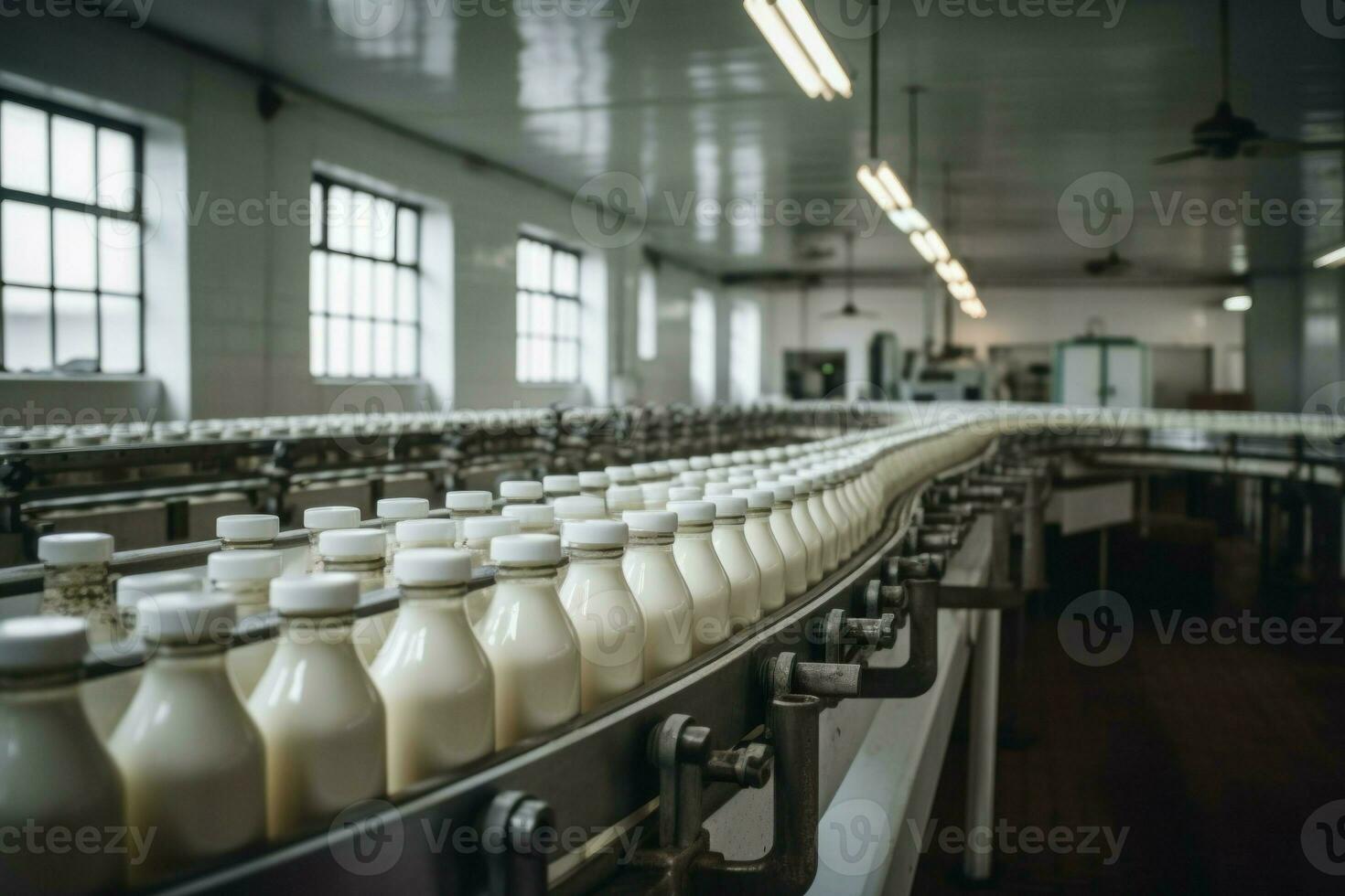 Milk bottle conveyor line. Generate Ai photo