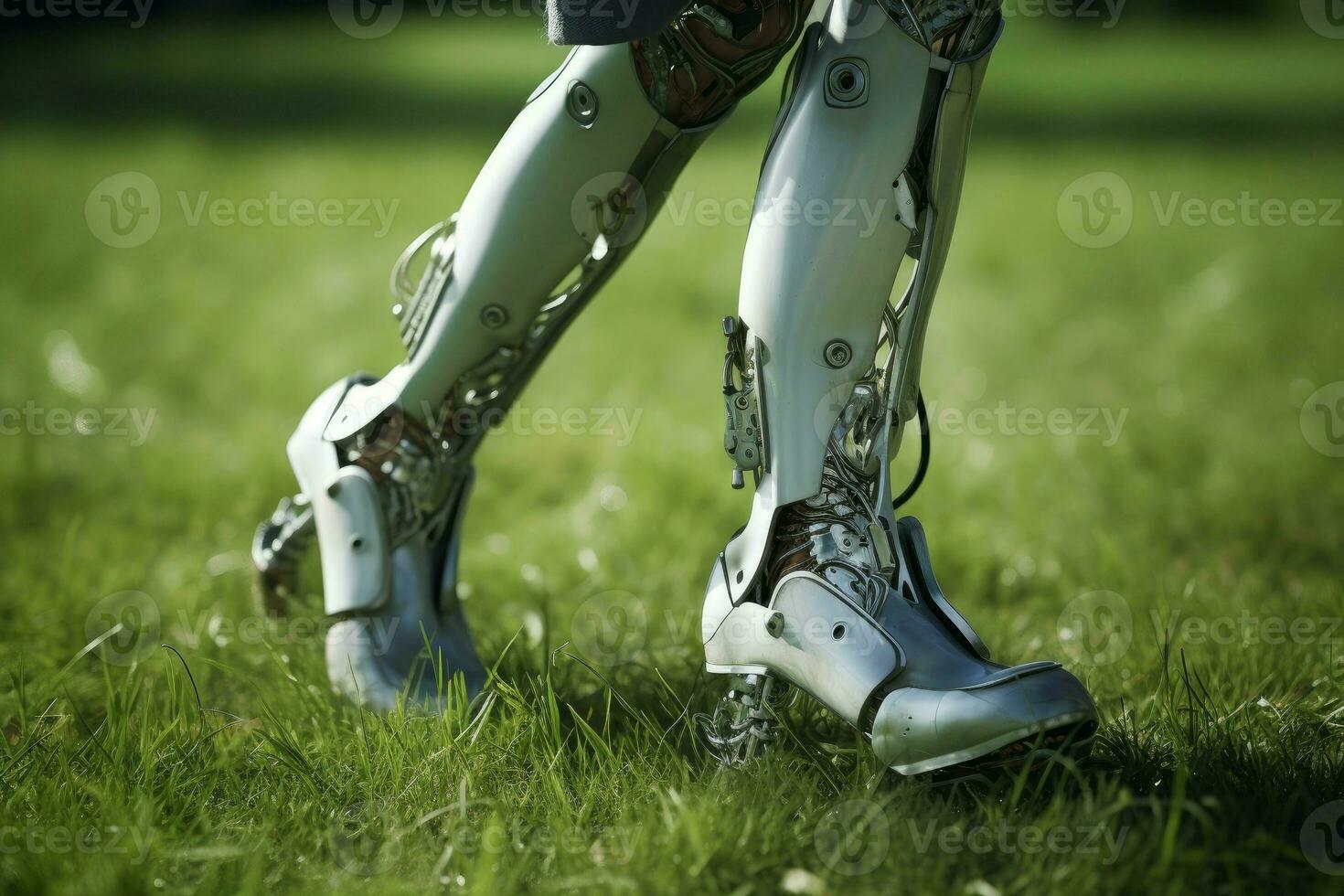 Person cyborg walking on grass. Generate AI photo