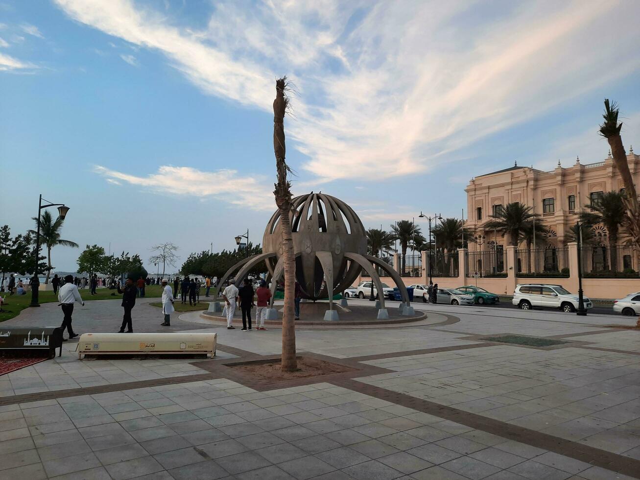 Jeddah, Saudi Arabia, April 2023 - Beautiful evening view of Jeddah Corniche. A large number of people are seen in the park of Jeddah Corniche. photo