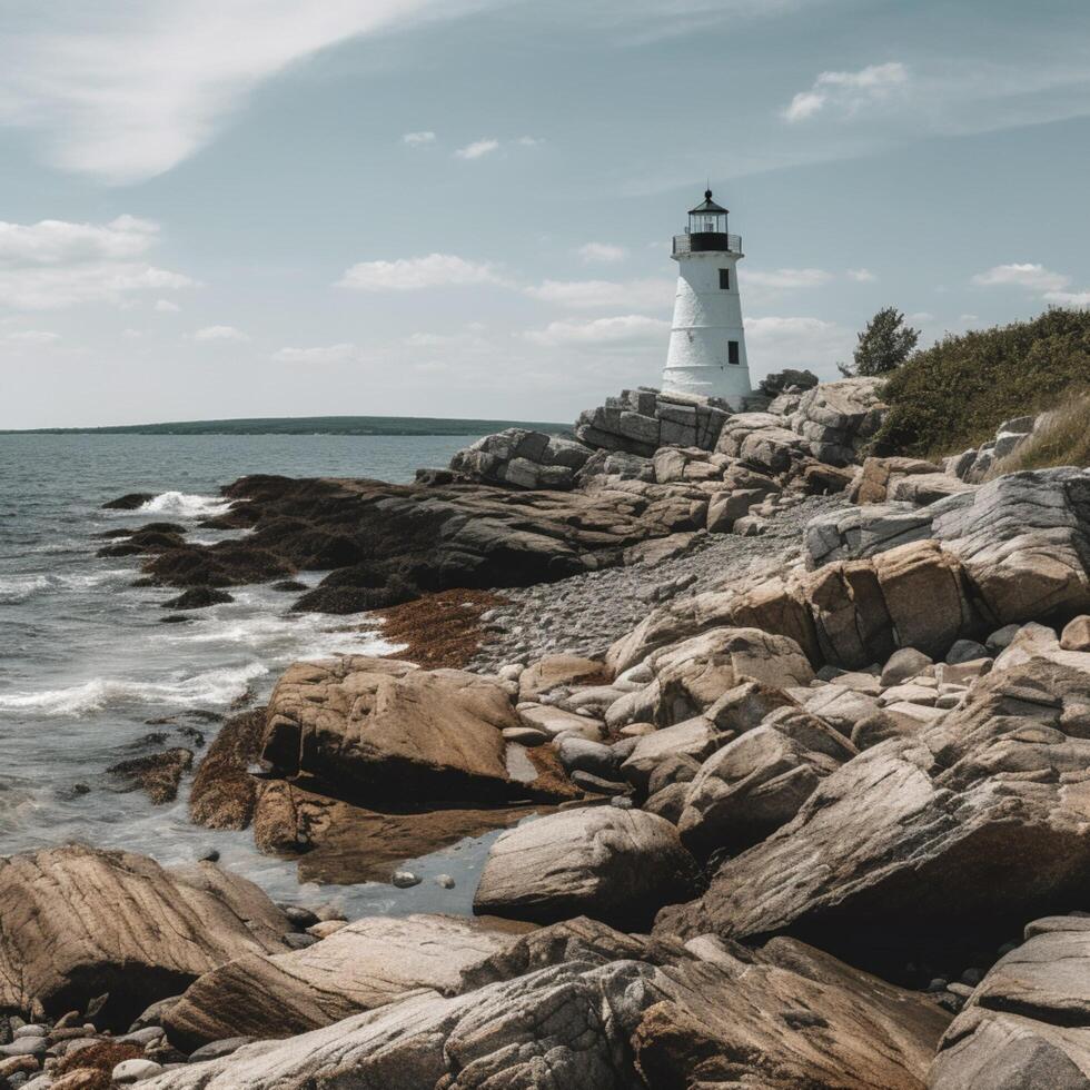 A rocky beach with a light house on it photo